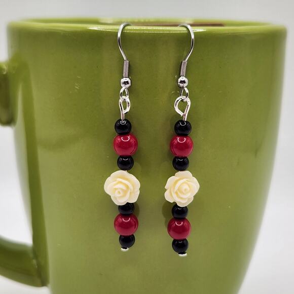 Handmade Cream Carved Rose, Black Amethyst & Red Coral Dangle Earrings 2.5" - Picture 5 of 9